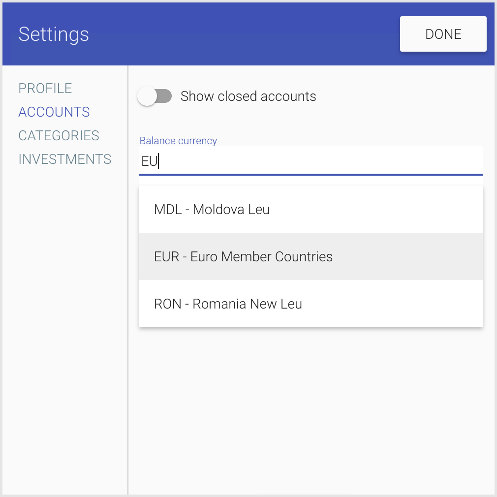 Currencies search in the Settings dialog