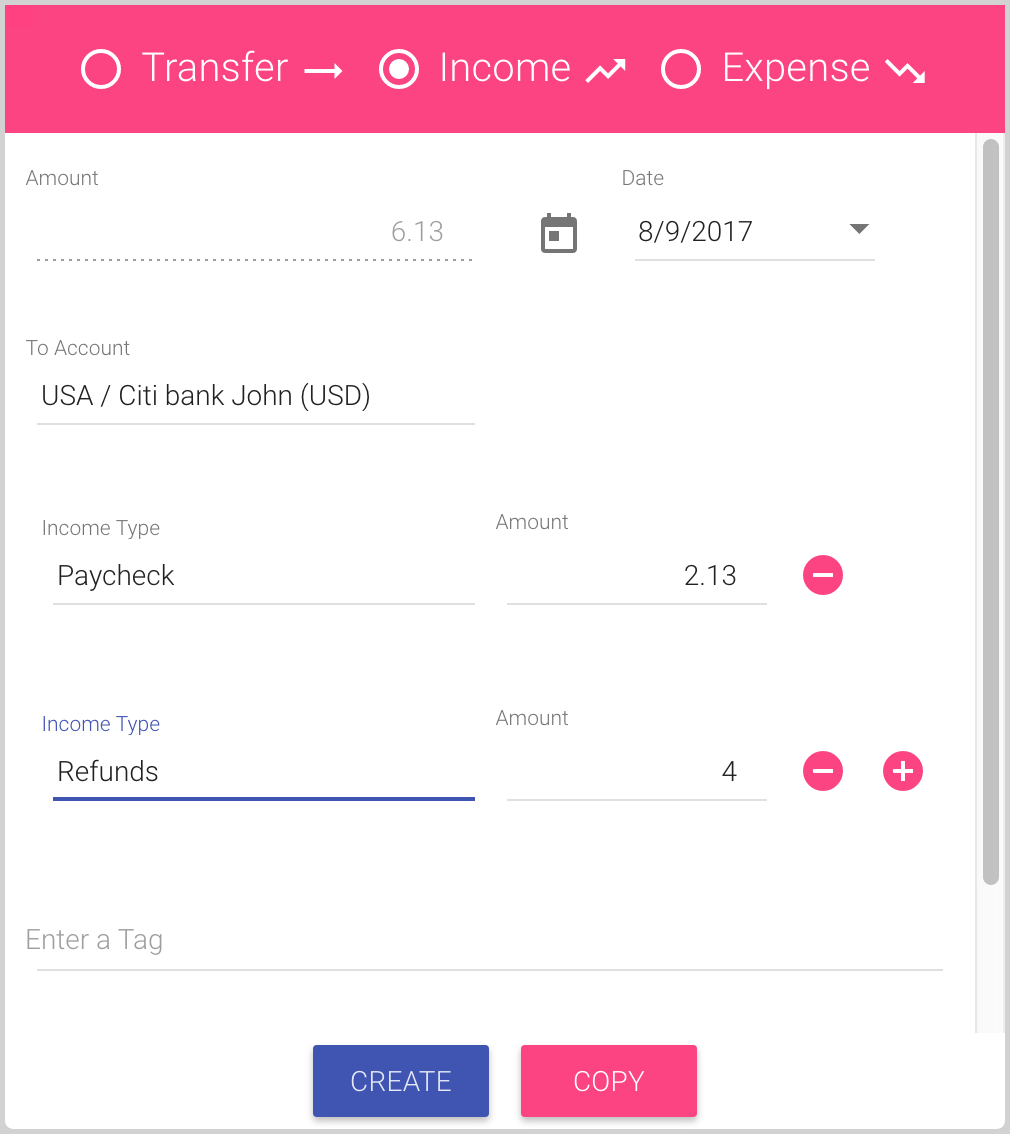 Several Income Types for the new Income transaction
